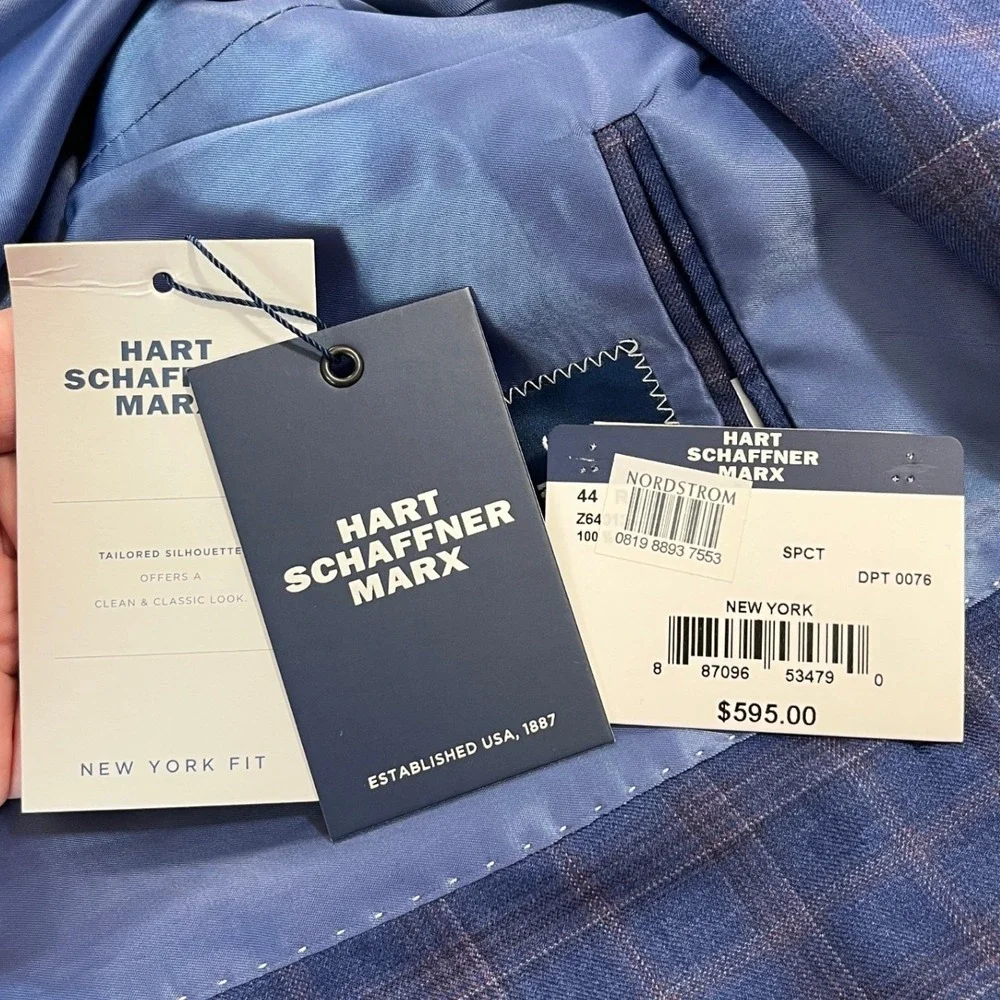Hart Schaffner Marx Coat 44R Blue Windowpane Plaid Reda 1865 Wool New York Fit